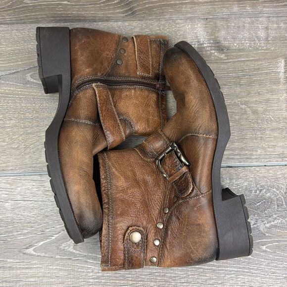 Earth Redwood Almond Brown Leather Women’s Sz 10B Buckle Zip Studded Ankle Boots - Picture 9 of 11